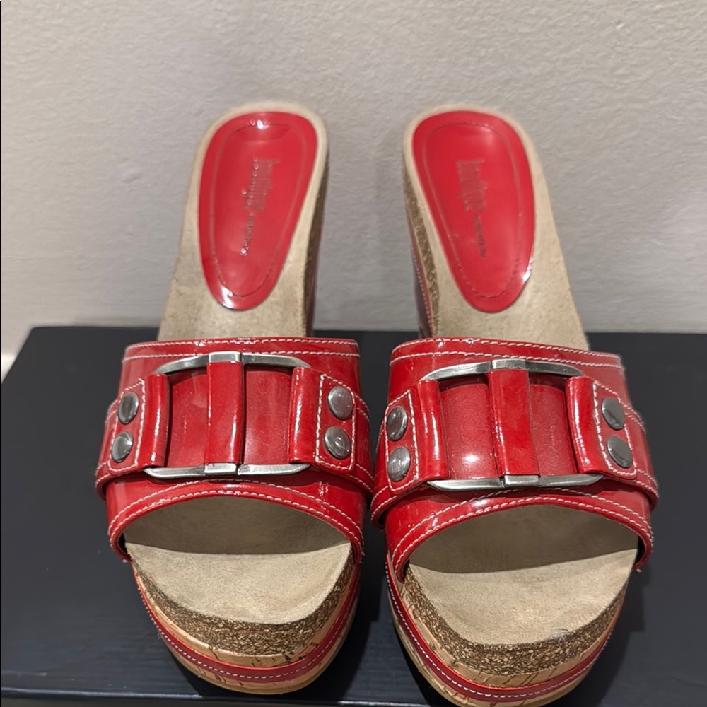 Red Patent Leather Mules with Silver Buckle GUC